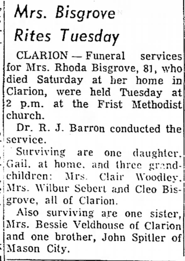 Spitler, Rhoda Bisgrove IO obit 1957